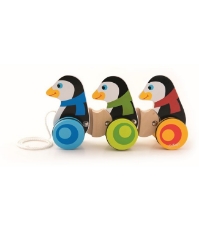 Imagine 3 Pinguini din lemn cu roti si snur