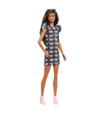 Imagine Papusa Barbie Fashionista Bruneta cu rochita Mouse Print