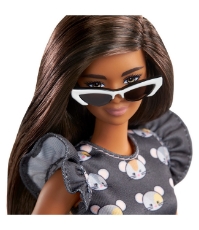 Imagine Papusa Barbie Fashionista Bruneta cu rochita Mouse Print