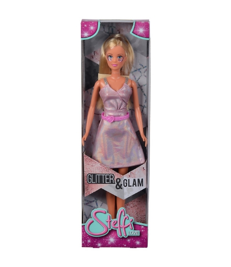 Imagine Papusa Steffi Glitter Glam cu rochie roz