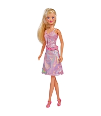 Imagine Papusa Steffi Glitter Glam cu rochie roz
