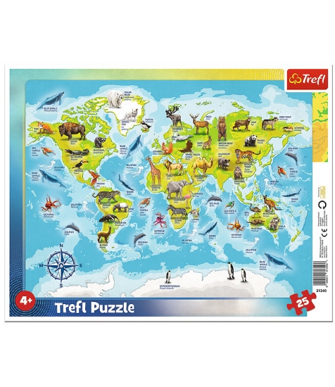 Imagine Puzzle 25  plansa Harta Lumii cu Animale