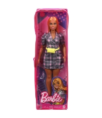Imagine Papusa Barbie Fashionista cu rochie tip blazer roz in carouri