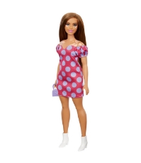 Imagine Papusa Barbie Fashionista satena cu rochie roz cu buline