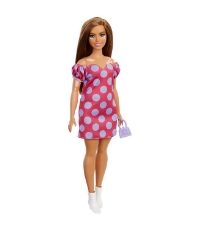 Imagine Papusa Barbie Fashionista satena cu rochie roz cu buline