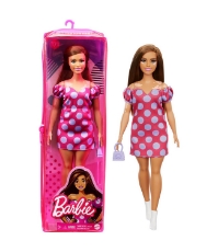 Imagine Papusa Barbie Fashionista satena cu rochie roz cu buline