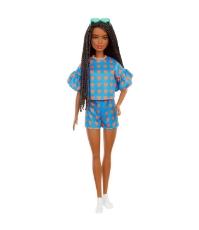 Imagine Papusa Barbie Fashionista satena cu codite impletite si tinute casual albastra