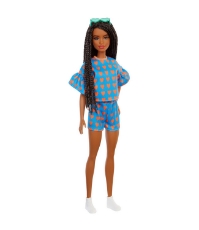 Imagine Papusa Barbie Fashionista satena cu codite impletite si tinute casual albastra