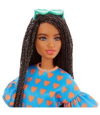 Imagine Papusa Barbie Fashionista satena cu codite impletite si tinute casual albastra