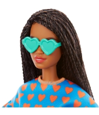 Imagine Papusa Barbie Fashionista satena cu codite impletite si tinute casual albastra