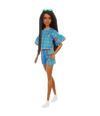 Imagine Papusa Barbie Fashionista satena cu codite impletite si tinute casual albastra