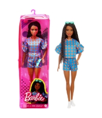 Imagine Papusa Barbie Fashionista satena cu codite impletite si tinute casual albastra