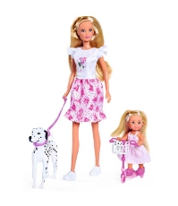 Imagine Papusa Steffi Love Cute Walk papusa 29 cm, papusa 12 cm, 2 figurine si accesorii