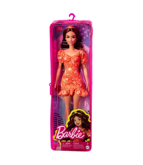 Imagine Papusa Barbie Fashionista bruneta cu rochie rosie cu flori