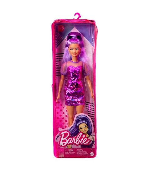 Imagine Papusa Barbie Fashionista cu par mov cu rochie cu umeri bufanti