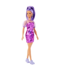 Imagine Papusa Barbie Fashionista cu par mov cu rochie cu umeri bufanti