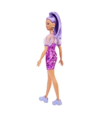 Imagine Papusa Barbie Fashionista cu par mov cu rochie cu umeri bufanti