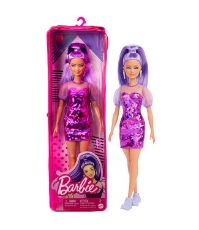 Imagine Papusa Barbie Fashionista cu par mov cu rochie cu umeri bufanti