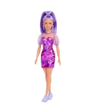 Imagine Papusa Barbie Fashionista cu par mov cu rochie cu umeri bufanti