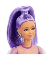 Imagine Papusa Barbie Fashionista cu par mov cu rochie cu umeri bufanti