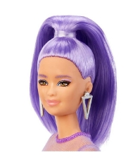 Imagine Papusa Barbie Fashionista cu par mov cu rochie cu umeri bufanti